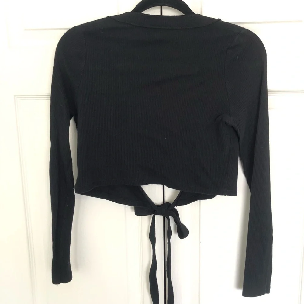 Black Zara Ribbed Wrap Long Sleeve Crop Top Size L
